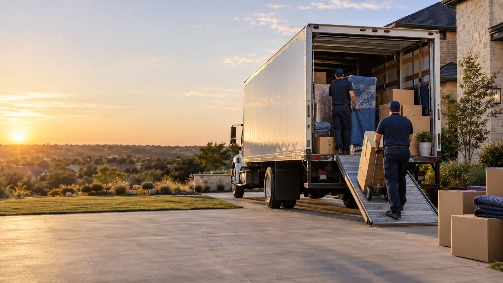 Professional moving truck and coordinated cargo at a North Texas home near golden hour.